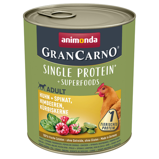 Animonda GranCarno Adult Superfoods 6 x 800 g - kana + pinaatti, vadelma, kurpitsansiemenet