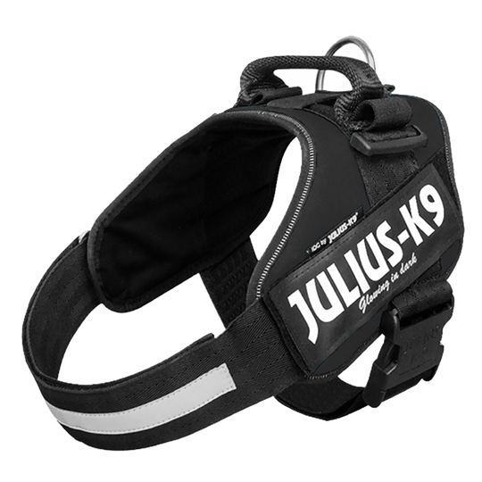 Setti: JULIUS-K9®-Power -valjaat - musta + Julius-K9 -tuplatalutushihna, kumipintainen - valjaskoko 1 + talutushihna 220 cm (alle 50 kg)