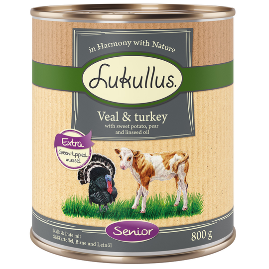 10 € alennusta! Lukullus-koiranruoka 12 x 800g - Senior vasikka & kalkkuna (viljaton)