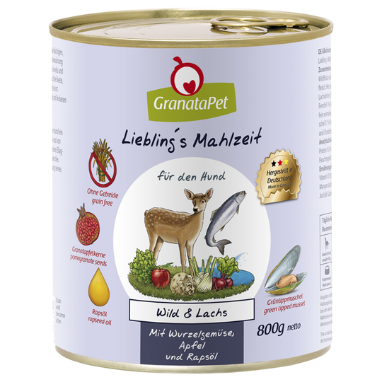 GranataPet 6 x 800 g - peura ja lohi & juurekset, fenkoli, omena ja rapsiöljy