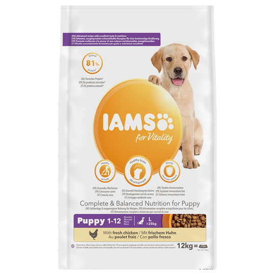 12 kg IAMS for Vitality Dog -koiranruoka: 10 + 2 kg kaupan päälle! - Puppy & Junior Large Chicken