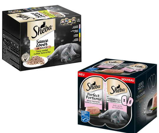 48 x 85 g Sheba-rasiat + 48 x 37,5 g Perfect Portions -lohiruokaa erikoishintaan! - Sauce Lover