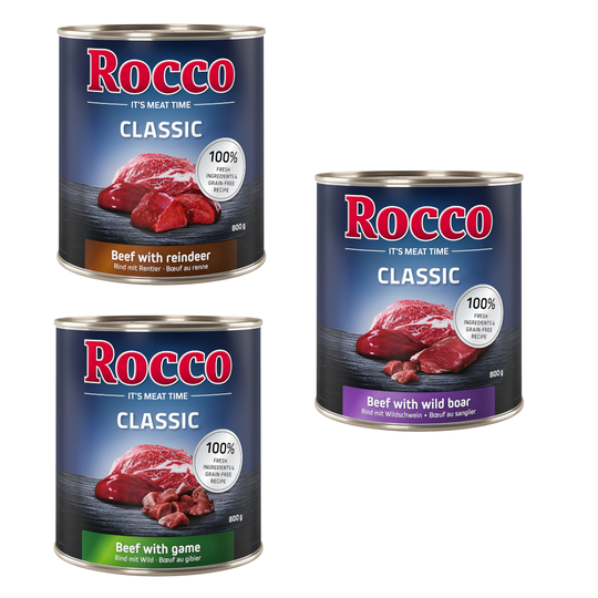 Rocco Classic -kokeilulajitelma 6 x 800 g - Riistalajitelma: Nauta ja riista, Nauta ja poro, Nauta ja villisika