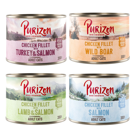 10 + 2 kaupan päälle ! 12 x 200 g/ 400 g Purizon Adult - mix (4 x 200 g lohi, 4 x 200 g villisika, 2 x 200 g lammas & lohi, 2 x 200 g kalkkuna & lohi)