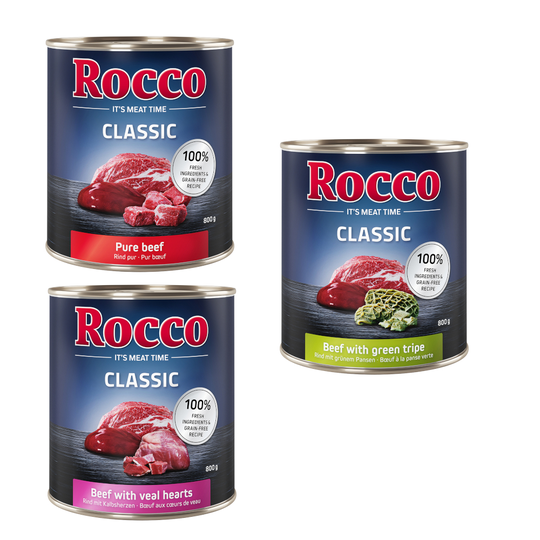 Rocco Classic -kokeilulajitelma 6 x 800 g - Nautalajitelma: Nauta, Nauta ja vasikansydän, Nauta ja pötsi