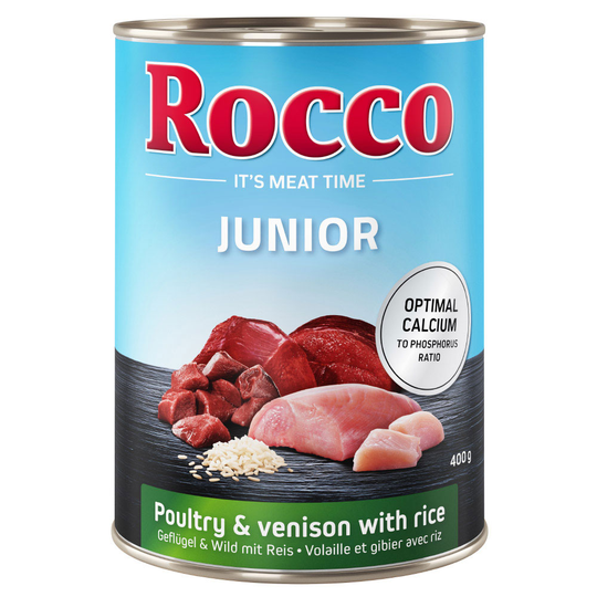 Rocco Junior 12 x 400 g - siipikarja & peura + riisi