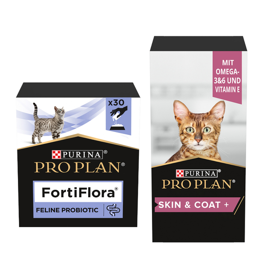 30 g Purina Pro Plan Fortiflora Feline Probiotic + Skin & Coat -öljy kaupan päälle! - Fortiflora Feline Probiotic (30 g) + Adult & Senior Skin and Coat Supplement -öljy (150 ml)