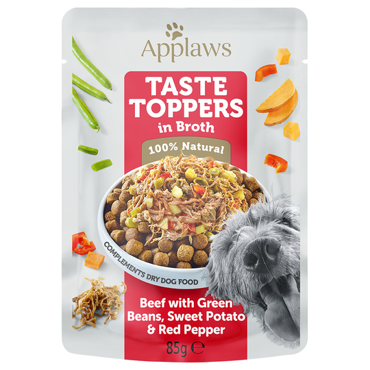 Applaws Taste Toppers Pouch liemessä 12 x 85 g - nauta, vihreät pavut, bataatti & punainen paprika