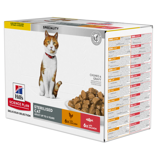 Hill's Science Plan -märkäruoka 9 + 3 kaupan päälle! - 12 x 85 g Young Adult Sterilised -lajitelma: Chicken & Salmon