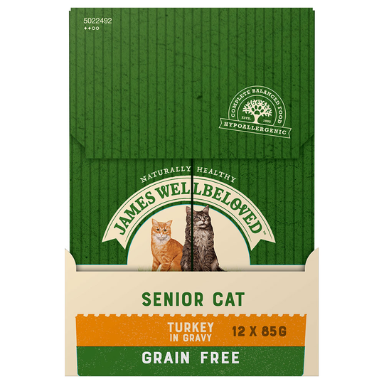 12 x 85 g James Wellbeloved Grain Free -kissanruokaa erikoishintaan! - Grain Free Senior, kalkkunaa kastikkeessa