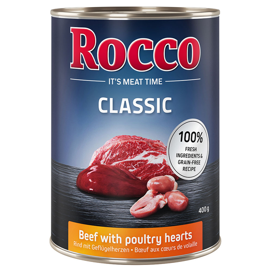 Rocco Classic -säästöpakkaus 12 x 400 g - naudanliha ja siipikarjansydän
