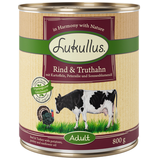10 € alennusta! Lukullus-koiranruoka 12 x 800g - Adult nauta & kalkkuna (viljaton)