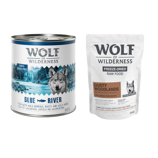 24 x 800 g Wolf of Wilderness + 250 g kylmäkuivattua raakaruokaa kaupan päälle! - Blue River - kala