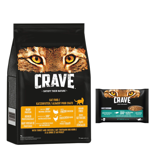 7 kg Crave-kuivaruokaa + 4 x 85 g märkäruokapusseja erikoishintaan! - Turkey & Chicken + tonnikalakastike