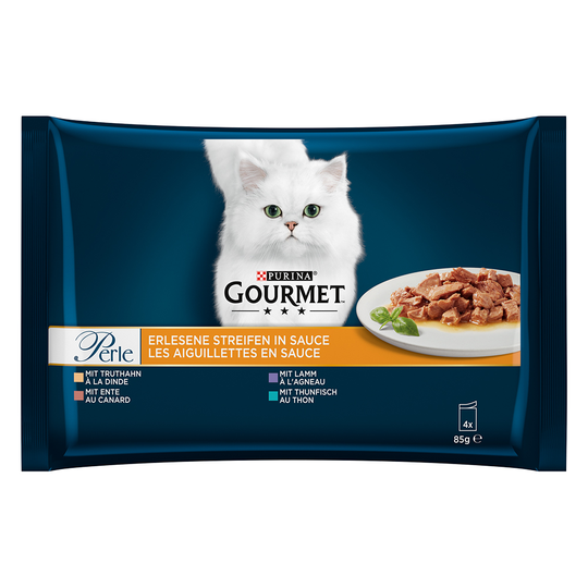 Gourmet Perle -lajitelma 4 x 85 g - lajitelma I (kalkkuna, ankka, lammas & tonnikala)