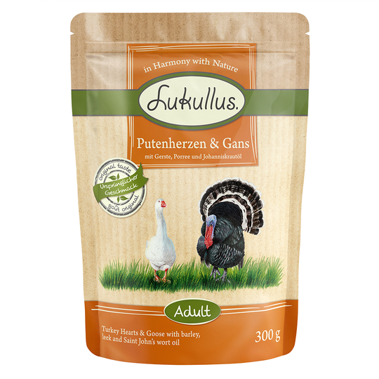 10 + 2 kaupan päälle! 12 x 300 g Lukullus-koiranruokaa - Naturkost: siipikarja & lammas / kalkkunansydän & hanhi / kani & peura
