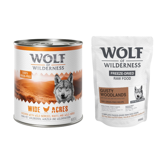 24 x 800 g Wolf of Wilderness + 250 g kylmäkuivattua raakaruokaa kaupan päälle! - Wide Acres - kana