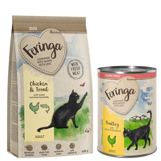 Feringa-kuivaruoka 400 g + 1 x 400 Classic Meat siipikarja kaupan päälle! - Adult Duo kana & taimen