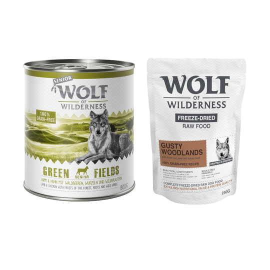 24 x 800 g Wolf of Wilderness + 250 g kylmäkuivattua raakaruokaa kaupan päälle! - Senior Green Fields - lammas & kana