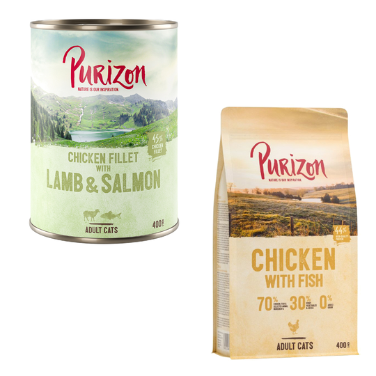 24 x 400 g Purizon Adult + 400 g kuivaruokaa kaupan päälle! - kanafilee, lohi & karitsa + Chicken & Fish