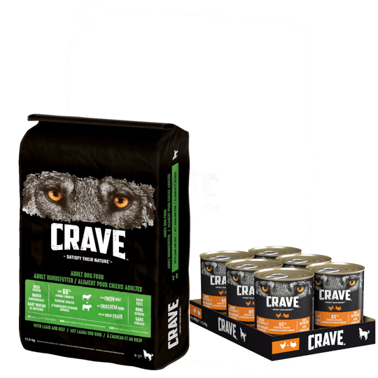 Crave Adult -kuivaruoka 11,5 kg + Adult -märkäruoka 6 x 400 g erikoishintaan! - 11,5 kg Lamb & Beef + 6 x 400 g kana & kalkkuna