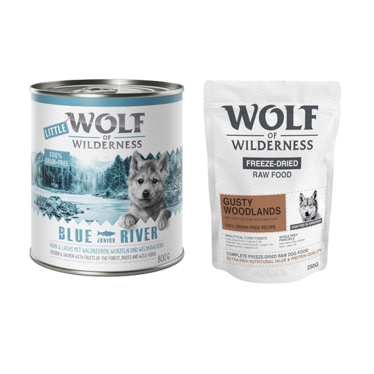24 x 800 g Wolf of Wilderness + 250 g kylmäkuivattua raakaruokaa kaupan päälle! - Junior Blue River - kana & lohi