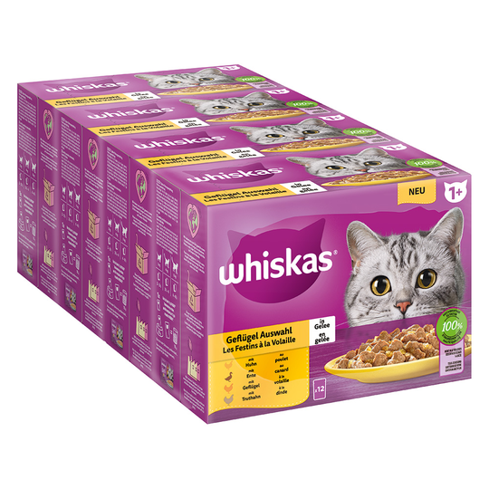 Säästöpakkaus: Whiskas 1+ Adult Pouches 144 x 85 g - siipikarjavalikoima hyytelössä