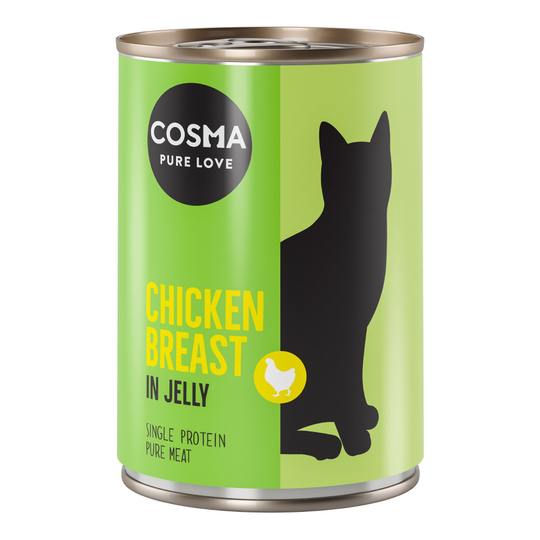 Cosma Original hyytelössä 6 x 400 g - lajitelma: kananrinta, lohi, Tyynenmeren tonnikala, boniitti