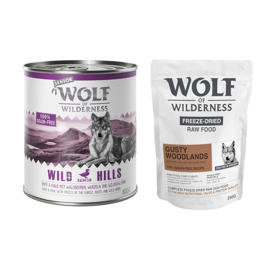 24 x 800 g Wolf of Wilderness + 250 g kylmäkuivattua raakaruokaa kaupan päälle! - Senior Wild Hills - ankka & vasikka