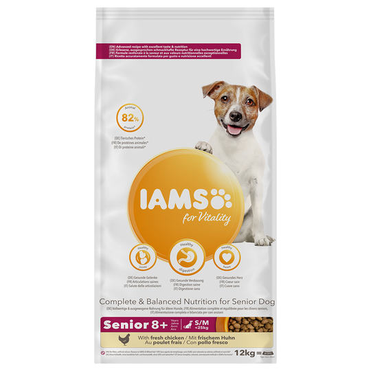 12 kg IAMS for Vitality Dog -koiranruoka: 10 + 2 kg kaupan päälle! - Senior & Mature Small Medium Chicken