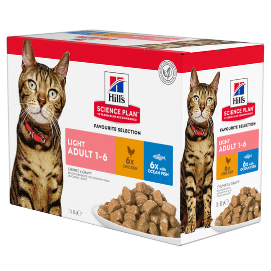 Hill's Science Plan -märkäruoka 9 + 3 kaupan päälle! - 12 x 85 g Adult Light: kana- ja kalavalikoima