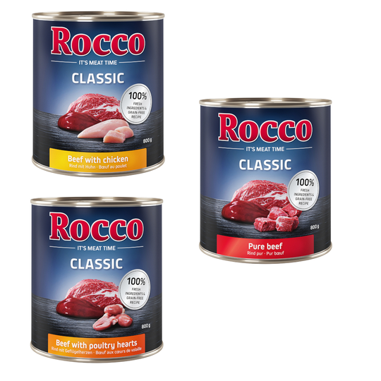 Rocco Classic -kokeilulajitelma 6 x 800 g - Topseller-lajitelma: Nauta, Nauta ja siipikarjansydän, Nauta ja kana