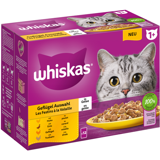 Whiskas 1+ Adult Pouches -lajitelma 12 x 85 g - siipikarjavalikoima hyytelössä
