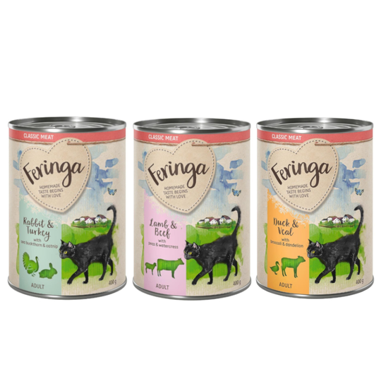 Kokeilulajitelmat Feringa Classic Meat 6 x 400 g - lajitelma 2: kani & kalkkuna, ankka & vasikka, lammas & nauta