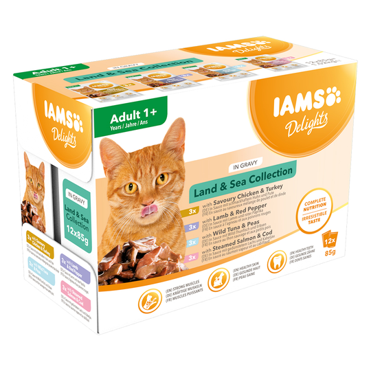 36 + 12 kaupan päälle! 48 x 85 g IAMS-kissanruokaa - Delights Adult: Land & Sea Mix in Sauce