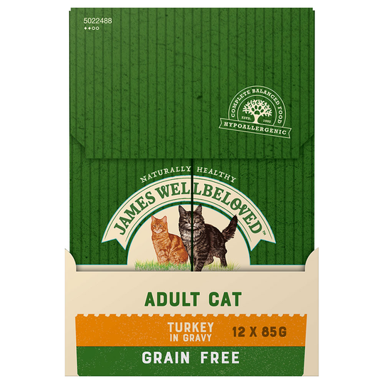 12 x 85 g James Wellbeloved Grain Free -kissanruokaa erikoishintaan! - Grain Free Adult, kalkkunaa kastikkeessa