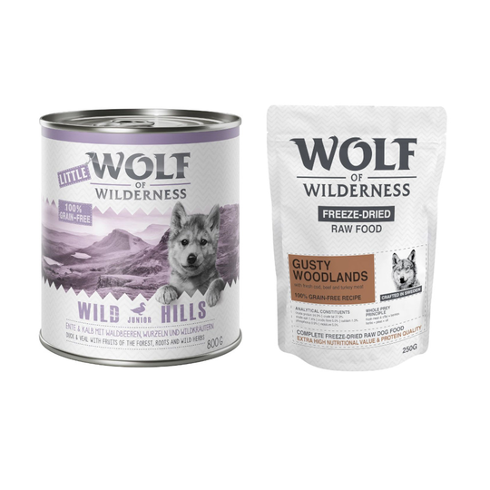 24 x 800 g Wolf of Wilderness + 250 g kylmäkuivattua raakaruokaa kaupan päälle! - Junior Wild Hills - ankka & vasikka