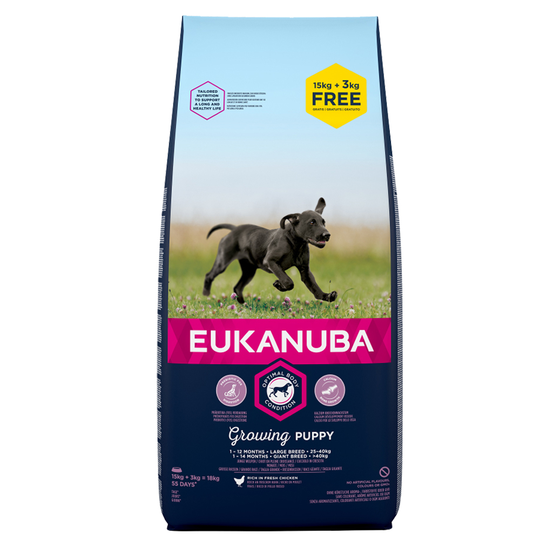 Eukanuba-kuivaruoka 15 + 3 kg kaupan päälle! - Growing Puppy Large Breed Chicken