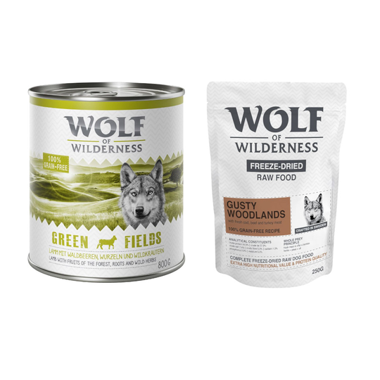 24 x 800 g Wolf of Wilderness + 250 g kylmäkuivattua raakaruokaa kaupan päälle! - Green Fields - lammas