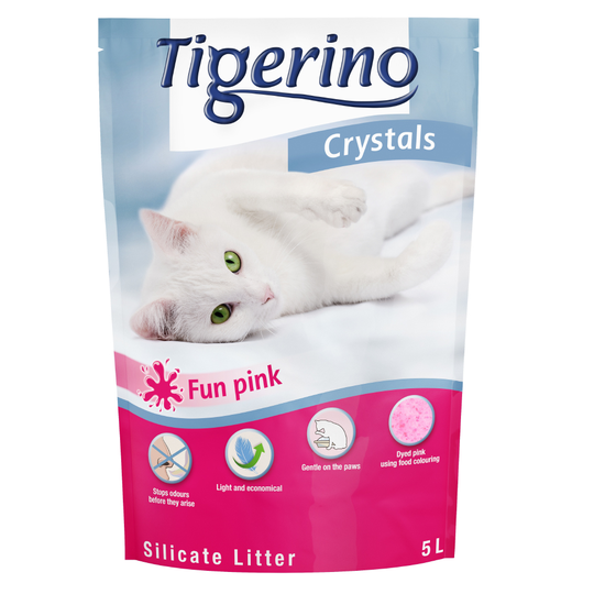 Tigerino Crystals Fun - värikäs kissanhiekka - vaaleanpunainen, 5 l