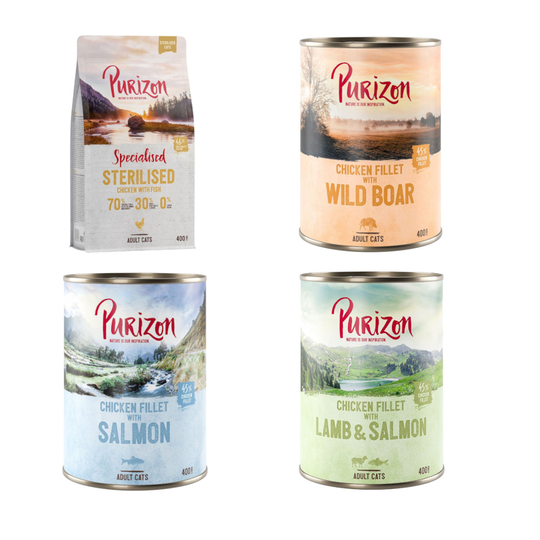 24 x 400 g Purizon Adult + 400 g kuivaruokaa kaupan päälle! - lajitelma (12 x lohi, 6 x villisika, 6 x karitsa) + Sterilised Chicken & Fish