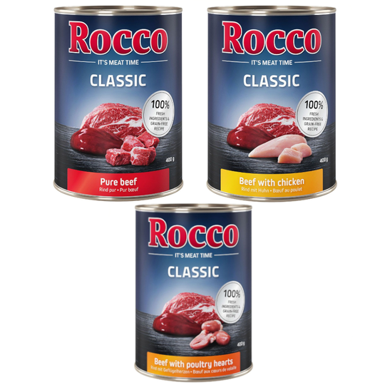 Rocco Classic -kokeilusekoitus 6 x 400 g - myyntihittisekoitus: nauta, nauta/siipikarjansydän, nauta/kana