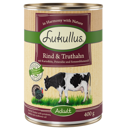 Lukullus-säästöpakkaus 24 x 400 g - nauta ja kalkkuna (viljaton)