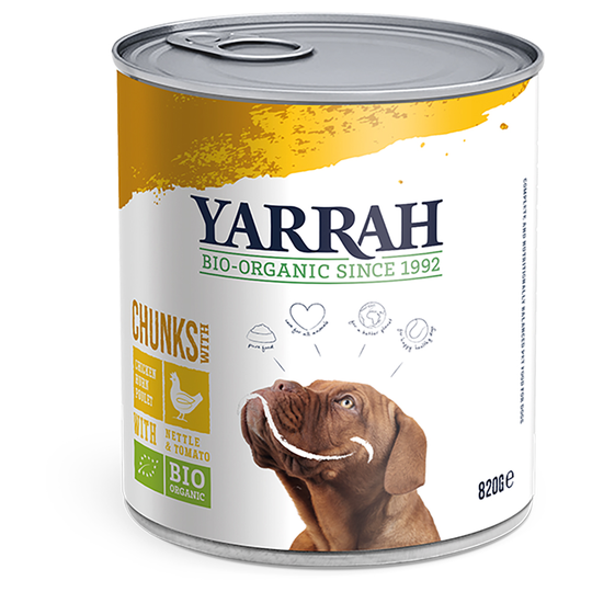 Yarrah Bio -säästöpakkaus 12 x 820 g - luomukanaa, luomunokkosta & luomutomaattia