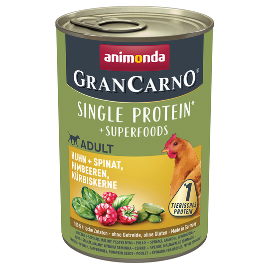 Animonda GranCarno Adult Superfoods 6 x 400 g - kana + pinaatti, vadelma, kurpitsansiemenet