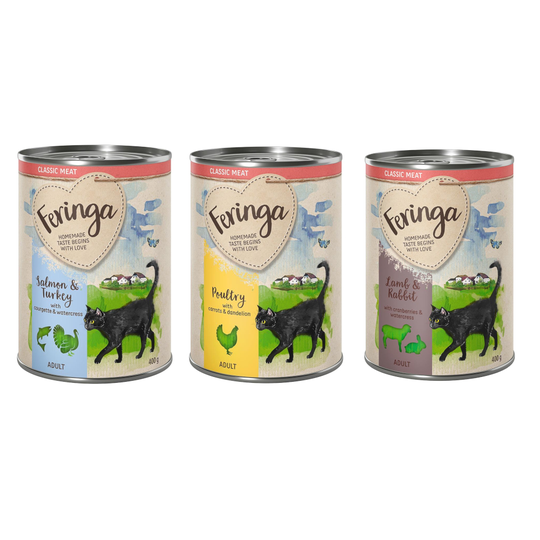 Kokeilulajitelmat Feringa Classic Meat 6 x 400 g - lajitelma 4: siipikarja, lammas & kani, lohi & kalkkuna