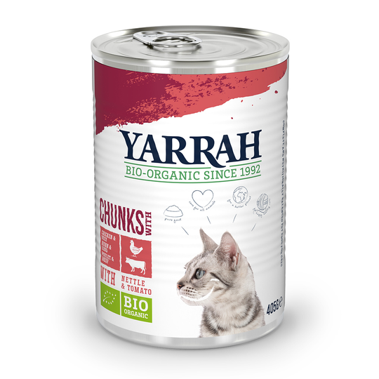 Yarrah Organic Chunks 6 x 405 g - luomukana, luomunaudanliha, luomunokkonen & luomutomaatti