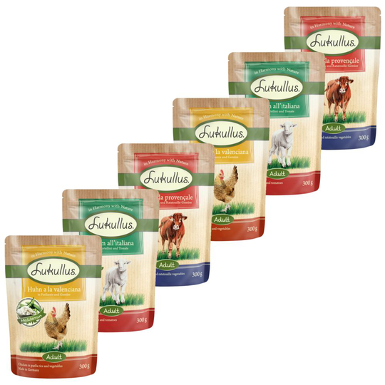 10 + 2 kaupan päälle! 12 x 300 g Lukullus-koiranruokaa - Mediterranean: nauta à la Provencale / kana Valenciana / lammas Italiana