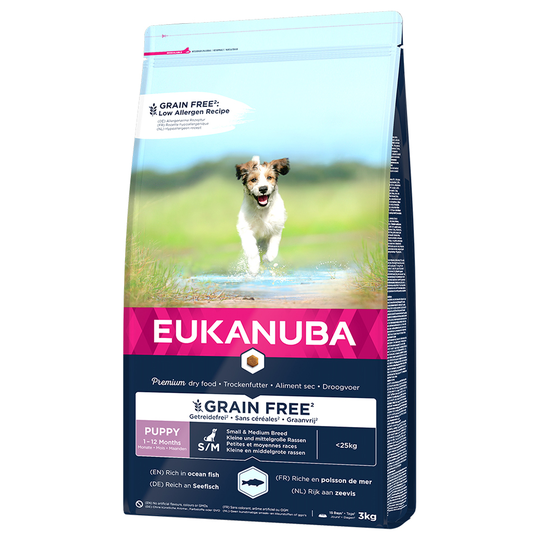Eukanuba-koiranruoka grainfree erikoishintaan! - Grain Free Puppy Small / Medium Breed lohi 3 kg