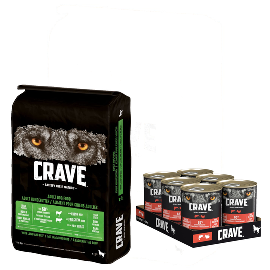 Crave Adult -kuivaruoka 11,5 kg + Adult -märkäruoka 6 x 400 g erikoishintaan! - 11,5 kg Lamb & Beef + 6 x 400 g lohi & kalkkuna